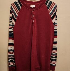LuLaRoe Mark Christmas Edition Red Top with Striped Sleeves